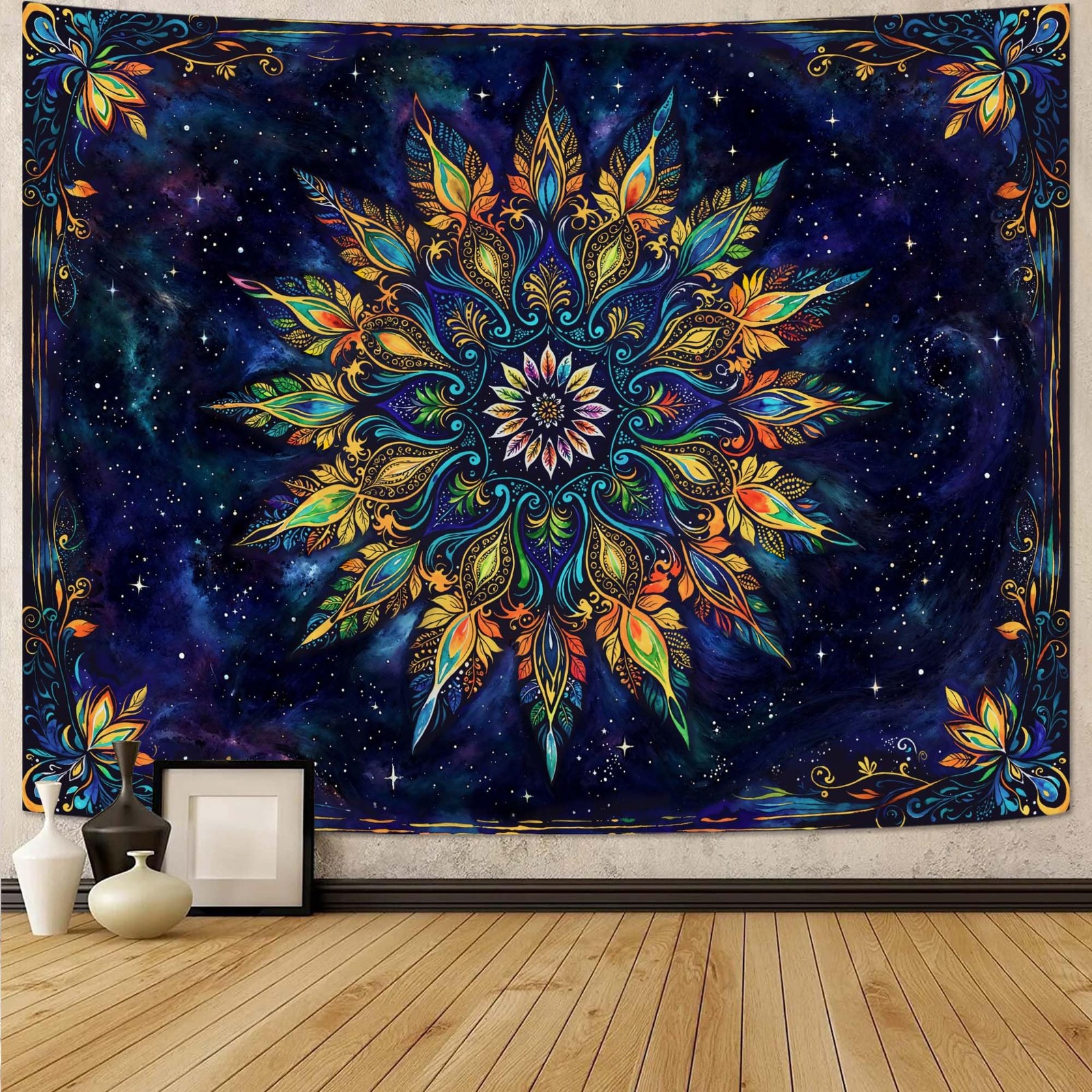Boho Floral Mandala Tapestry for Bedroom Aesthetic Blue Bohemian Colorful Flower gallery