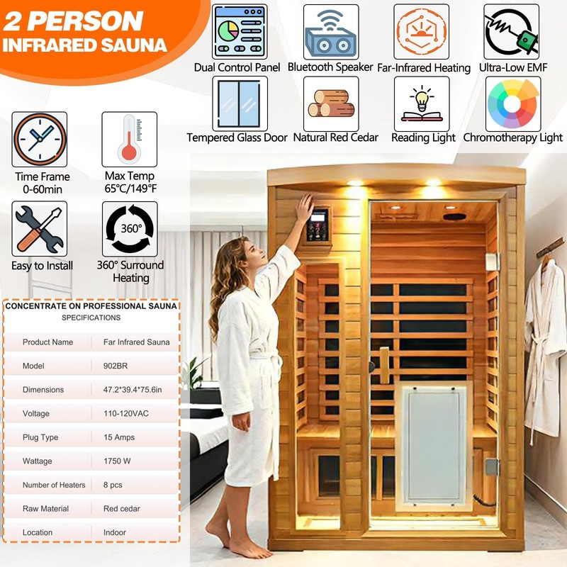 Red Cedar Far Infrared Sauna for 2 Person Low EMF Bluetooth Speaker 1750W gallery