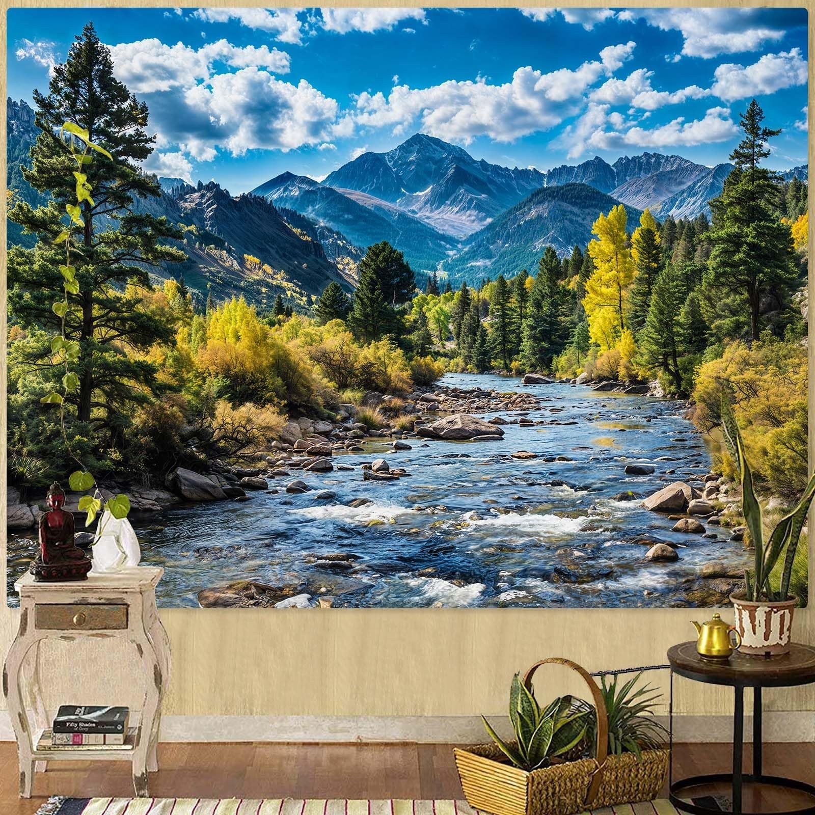 Forest Tapestry, Mountain Pine Trees, River Landscape, Wall Hanging, Multicolor gallery