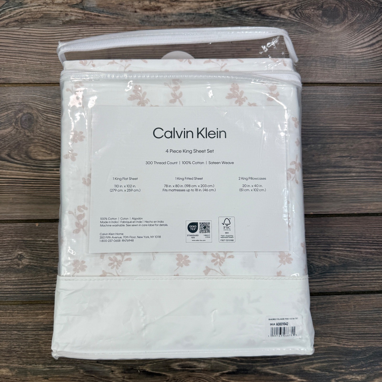 Calvin Klein King 4pc Sheet Set White Pink Shaded Foliage Cotton Sateen NEW gallery