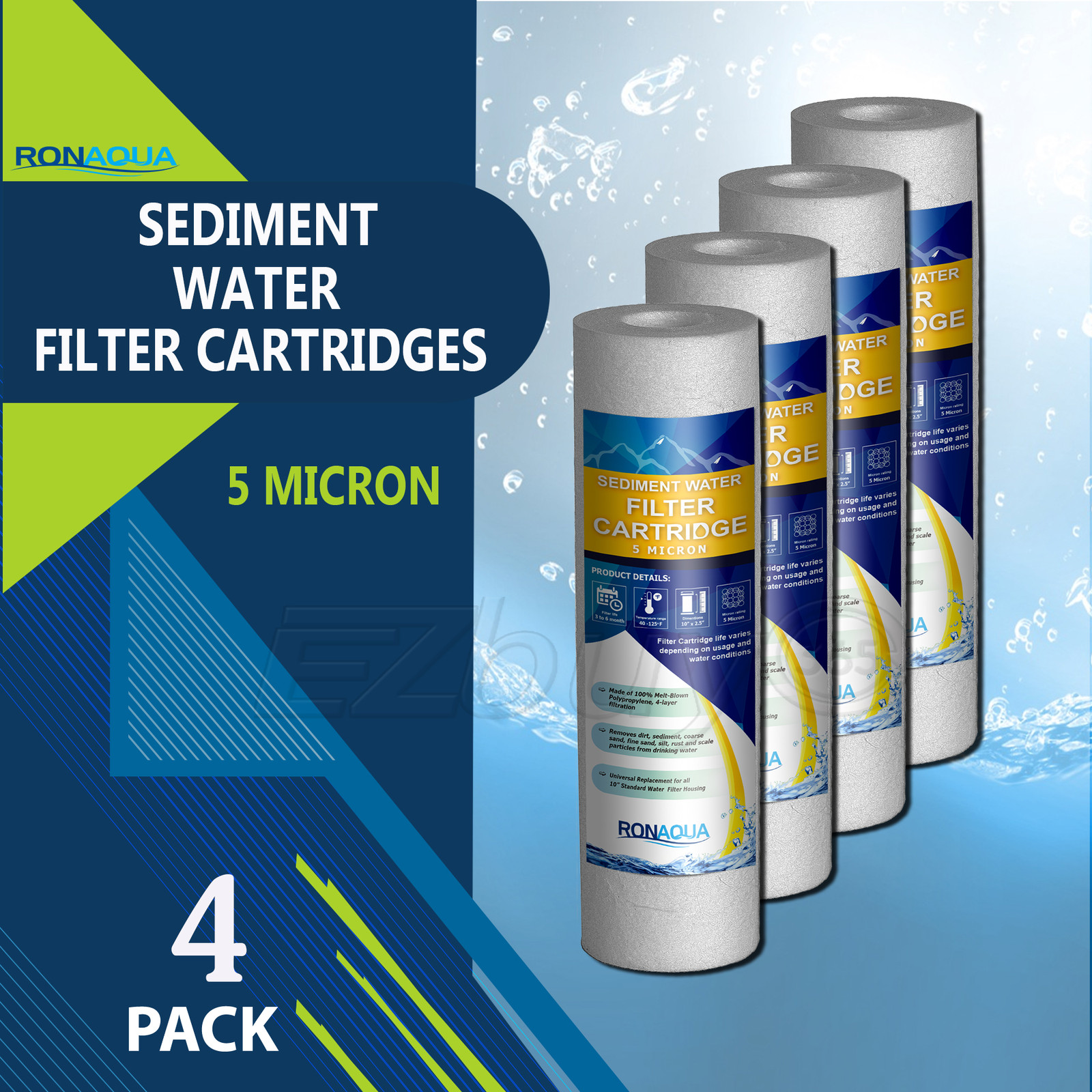 4 Pack Sediment 5 Micron Water Filters Cartridge 2.5" x 10" for Reverse Osmosis gallery
