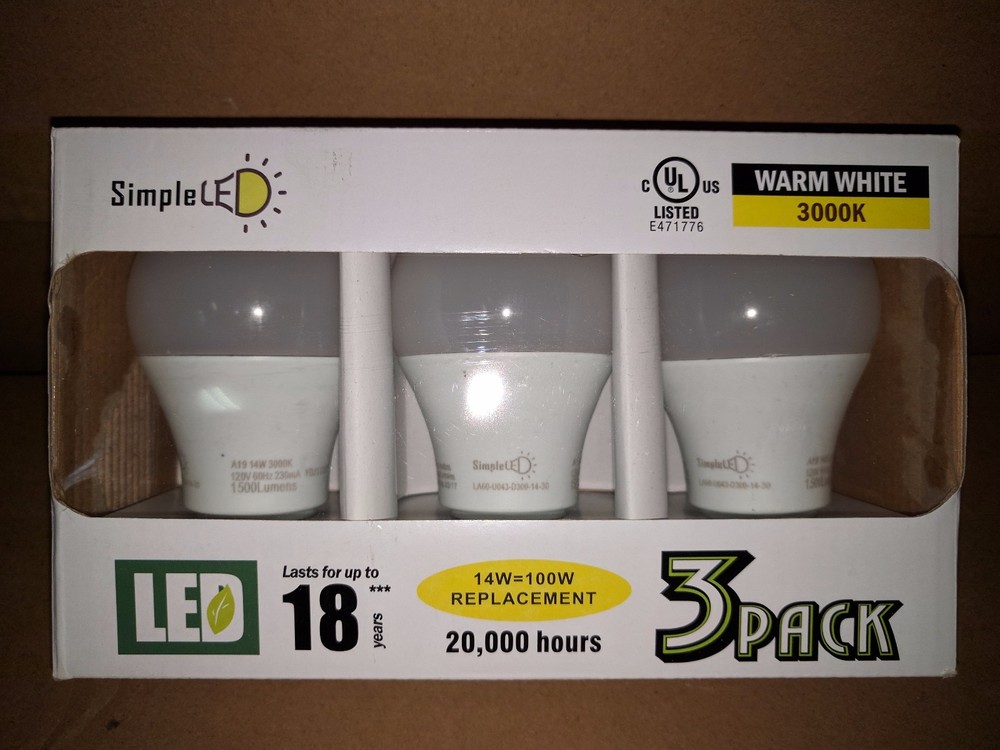 (3 Pack) SimpleLED A19 LED Light Bulb 14W = 100W Equivalent, 3000K Warm White UL