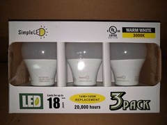 (3 Pack) SimpleLED A19 LED Light Bulb 14W = 100W Equivalent, 3000K Warm White UL