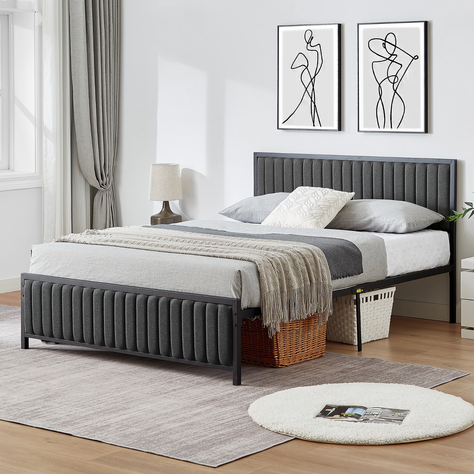 Upholstered Bed Frame Twin Full Queen Size Metal Platform Bed with Headboard New gallery