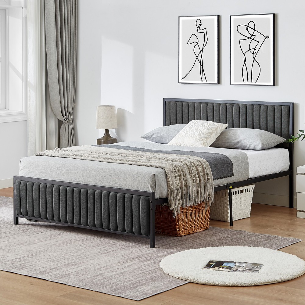 Upholstered Bed Frame Twin Full Queen Size Metal Platform Bed with Headboard New