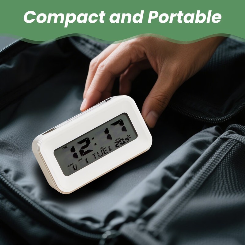 White Digital Alarm Clock with Temperature Date Weekday Display Battery Operate gallery