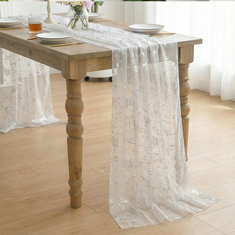 White Silver Gauze Star Sequin Metallic Rectangular Tablecloth 60x84 Inch gallery