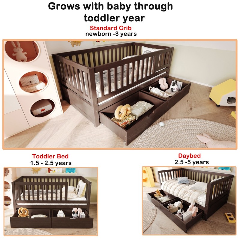 Convertible Toddler Bed Frame with Storage Drawers, 3-in-1 Solid Wood Daybed gallery