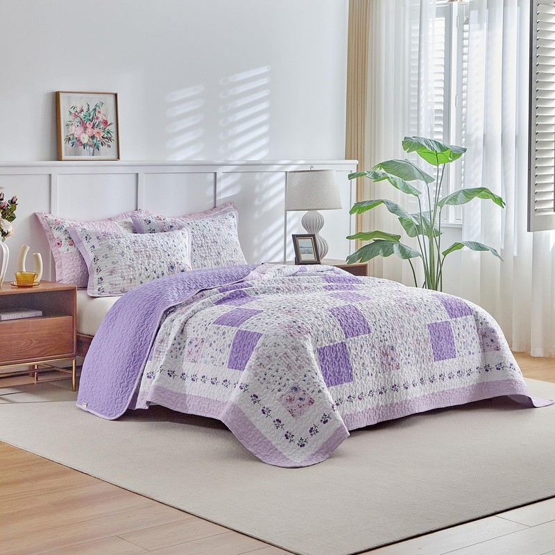 Patchwork Quilt Set King Size,3 Pieces Purple White Pink Floral Plaid Reversi... gallery
