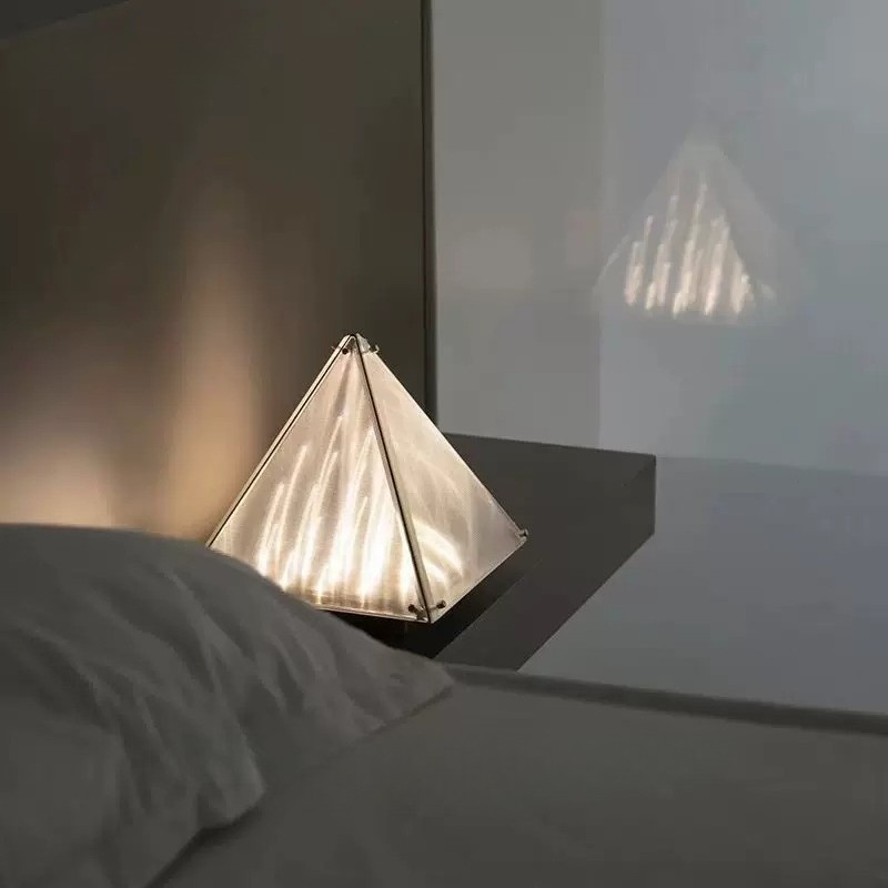 Pyramid Table Lamp Stainless Steel Frame Tempered Glass Shade Modern Art Decor gallery