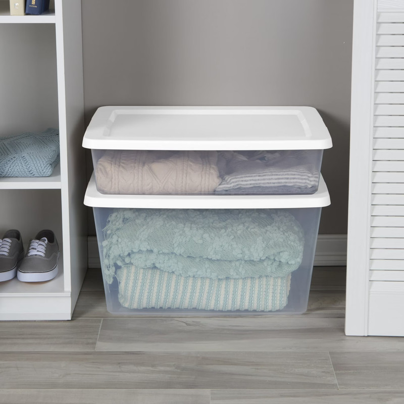 Sterilite 28 Quart Small Bin - Clear Plastic Storage with White Snap-On Lid gallery