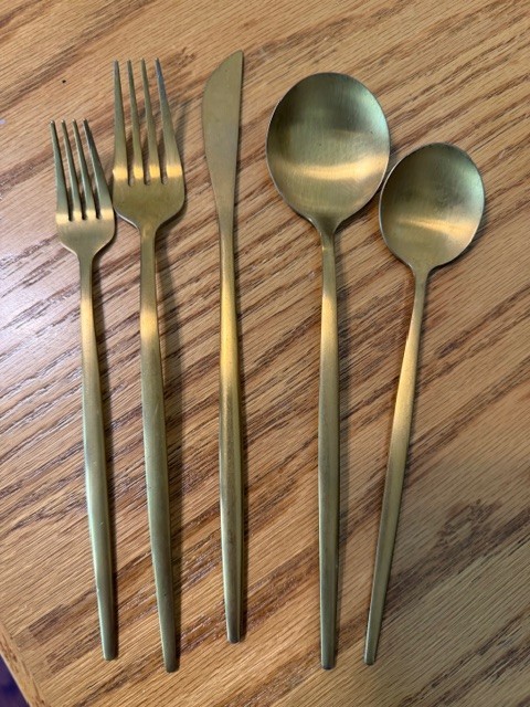 Gold Flatware 34 Piece 5 Complete Place Settings Stainless Steel Long Trim Style gallery