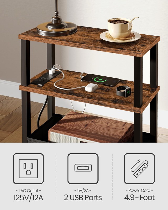 Small Narrow Side Table Charging Station Skinny End Table Rustic Brown Black gallery