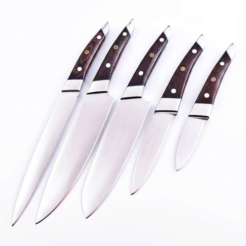 Custom 5pc Kitchen Knife Set Handmade Rosewood Mosaic Pin Professional Chef Gift gallery