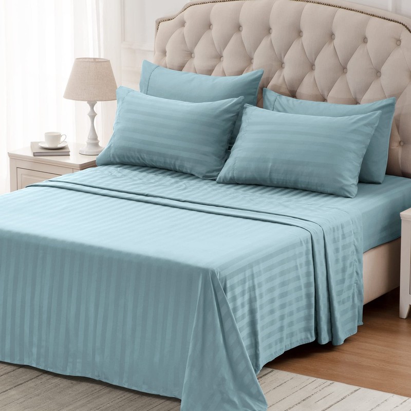 SLEEP ZONE Striped Cooling Sheets Set Deep Pocket - King, Stripe - Flint Blue gallery