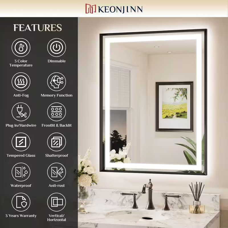 42 In. W X 36 In. H Rectangular Framed LED Lighted Bathroom Vanity Mirror with L gallery