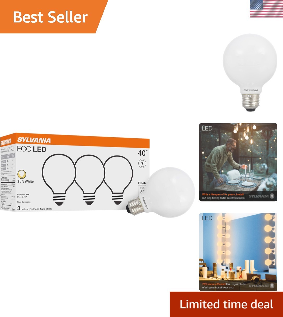 Sylvania ECO LED G25 Globe Light Bulb - 40W Equivalent, Soft White, 3 Pack gallery