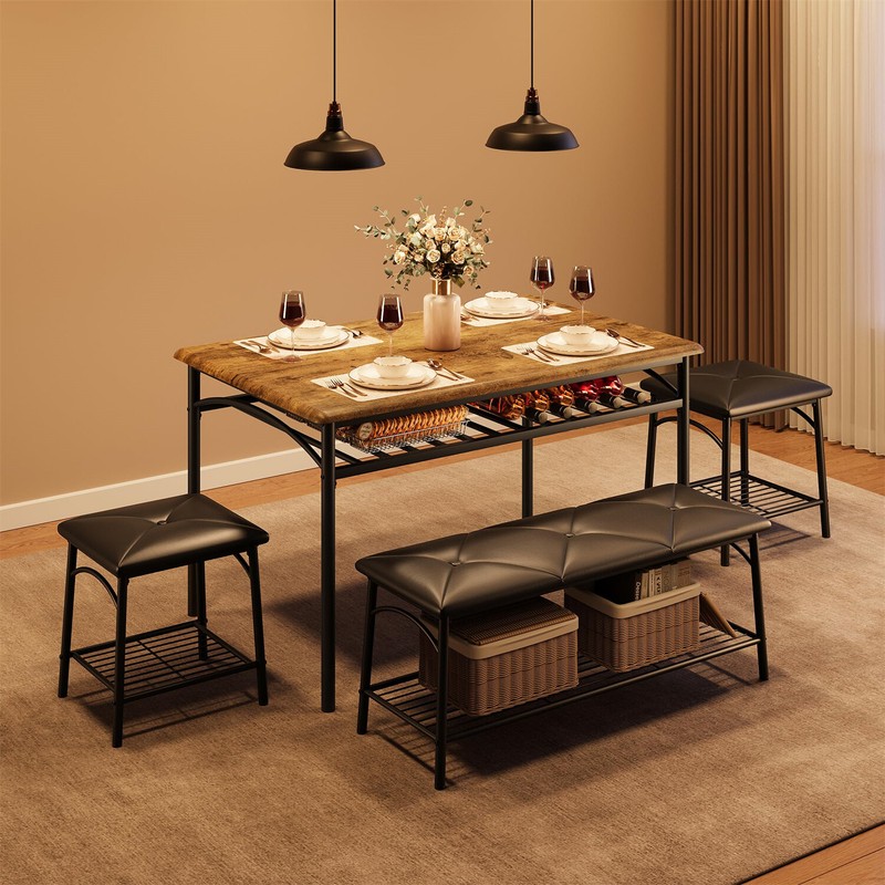 4pcs Kitchen Table Set with Upholstered Bench and Square Stools Dining Table gallery