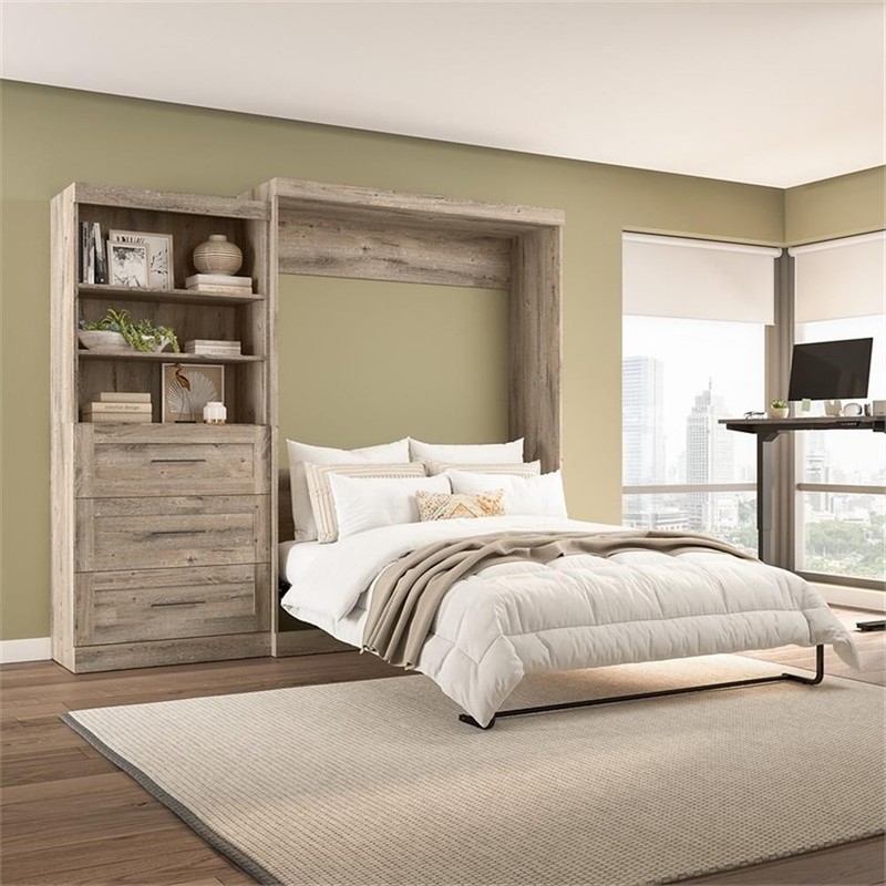 Pemberly Row Queen Murphy Bed & Shelving Unit withDrawers (101W) in Rustic Brown gallery
