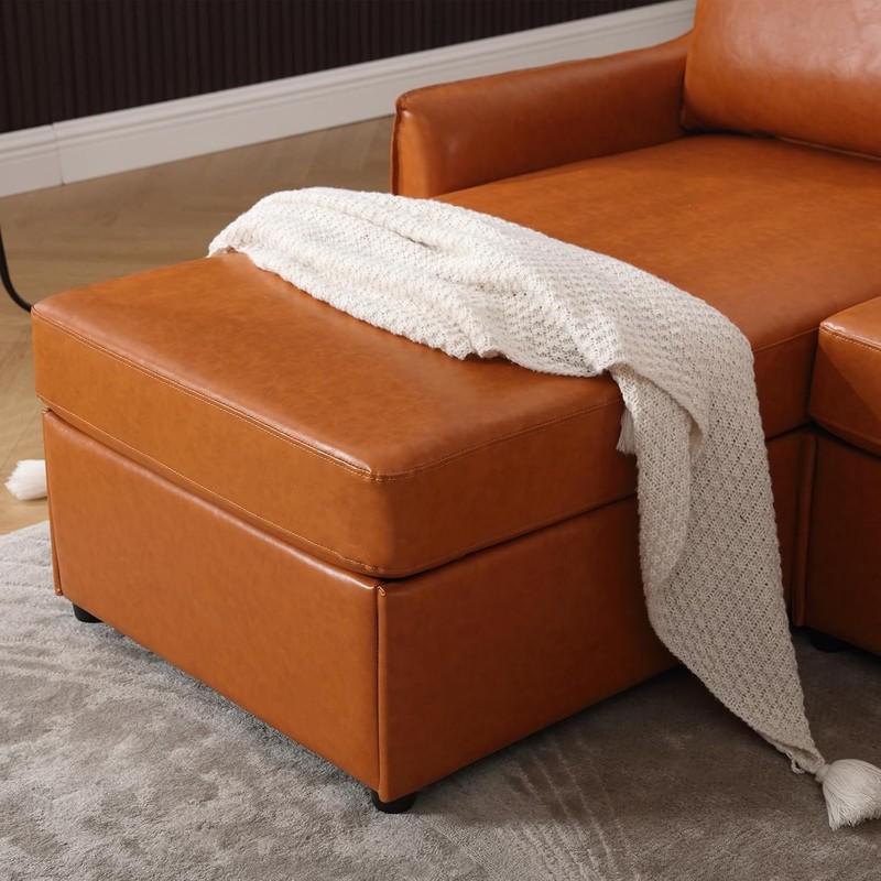 80.7" Convertible L-Shaped Sectional Sofa Faux Leather Storage Brown 3-Seater gallery
