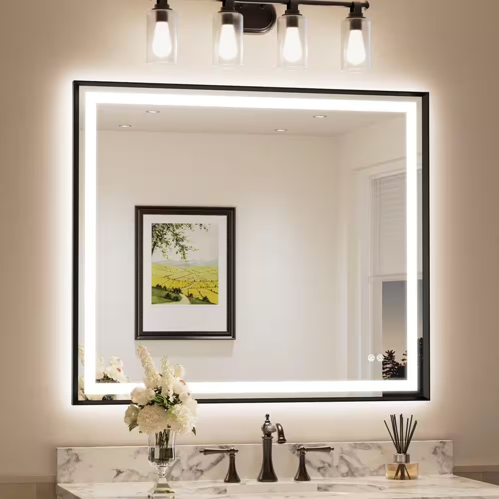 42 In. W X 36 In. H Rectangular Framed LED Lighted Bathroom Vanity Mirror with L gallery
