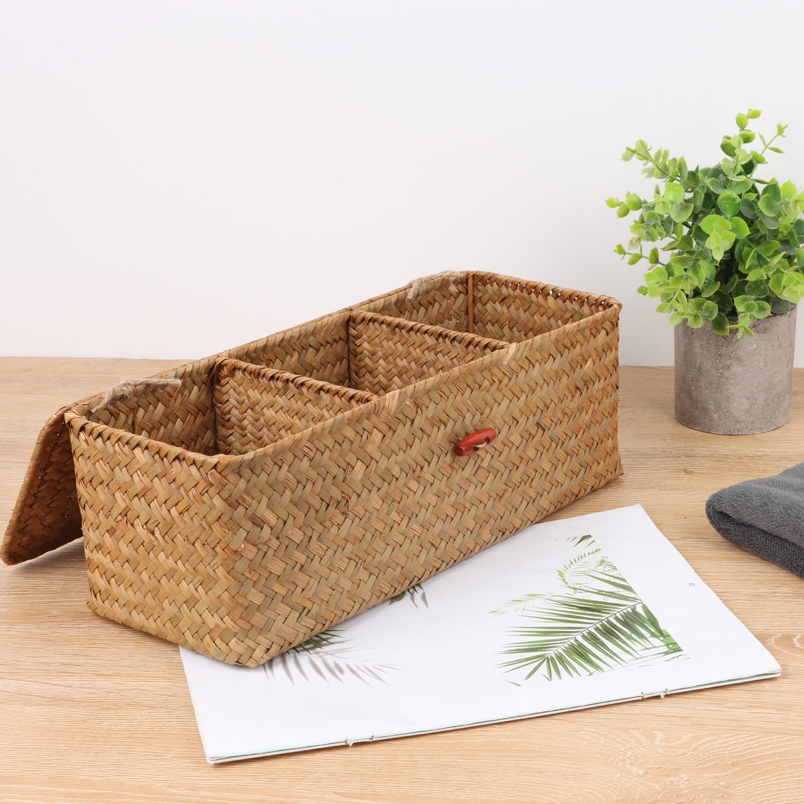 Wicker Shelf Baskets with Lid,Rectangular Seagrass Woven Storage Baskets with... gallery