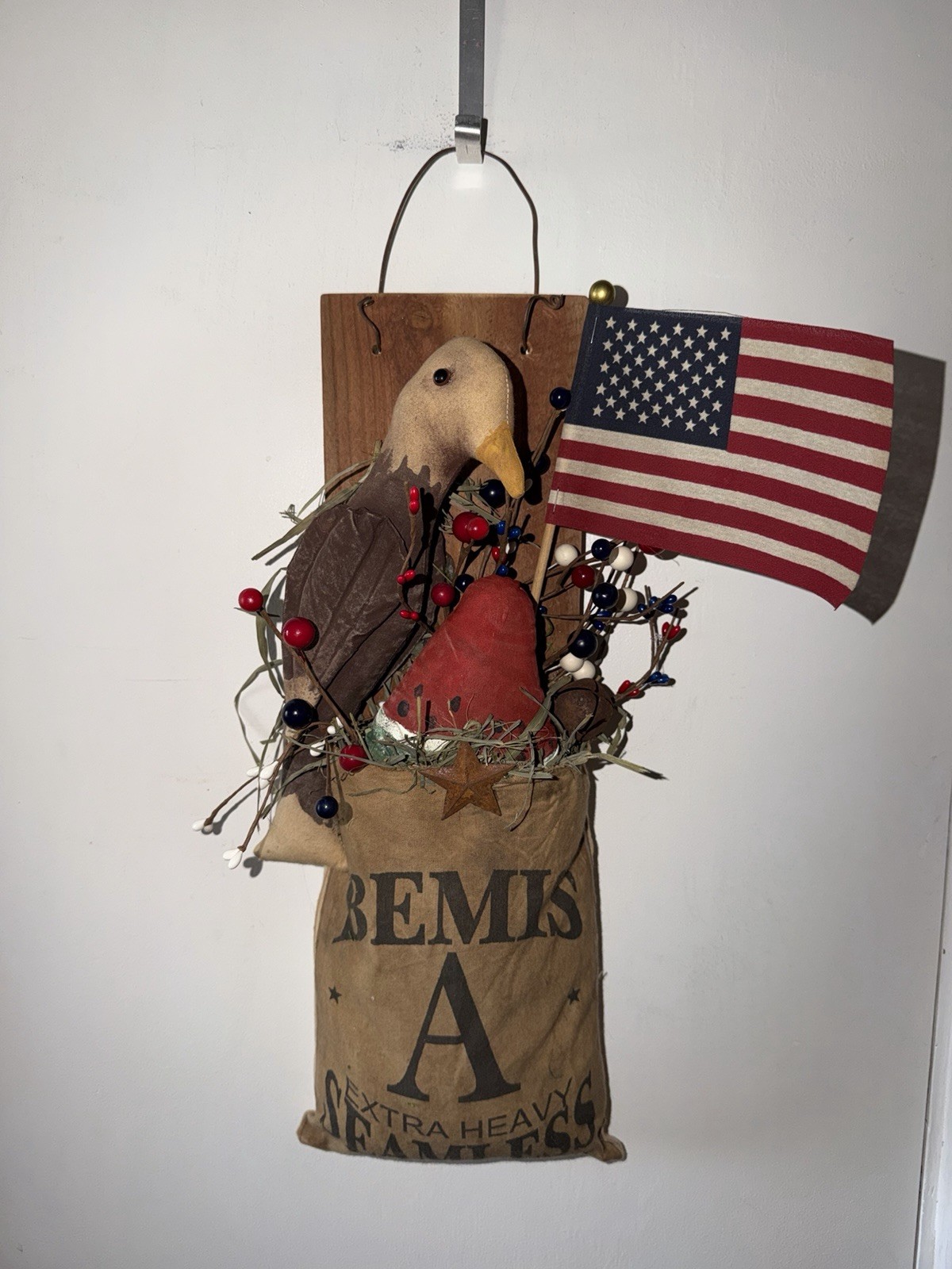Primitive Faux Feed Sack Wall Door Hanging 18” Tall Hand Made gallery