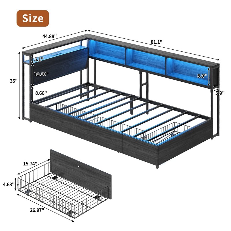 Twin Corner Bed Frame with LED Headboard, Charging Station, Storage Drawers, Bla gallery