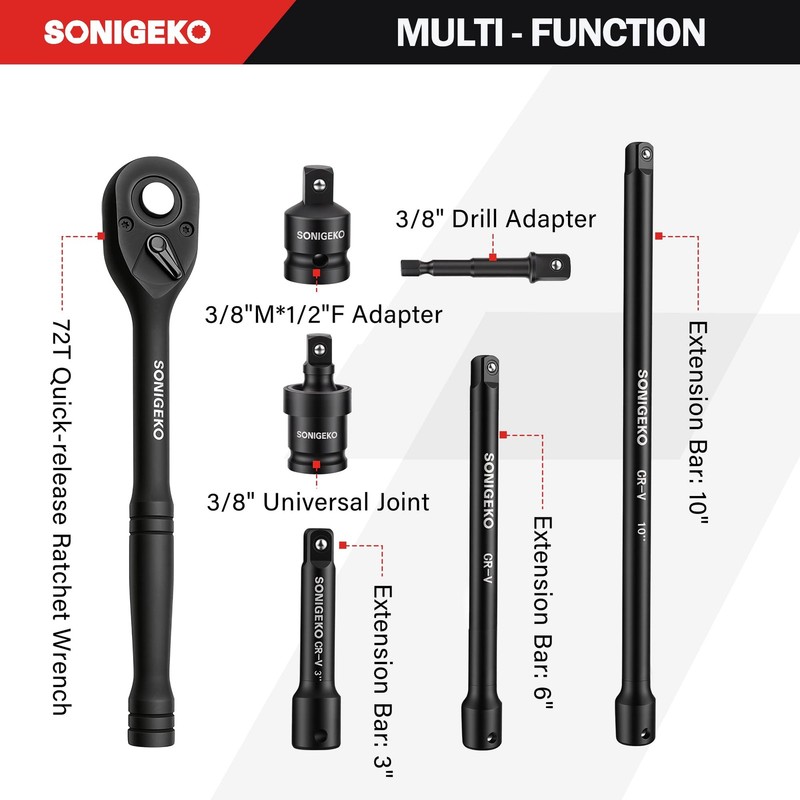 SONIGEKO 3/8" Drive Impact Socket Set, 67-Piece Standard Metric & SAE 6 Point... gallery