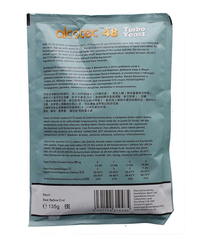 Alcotec 48-hour Turbo Yeast, 135 grams (Pack of 6) gallery