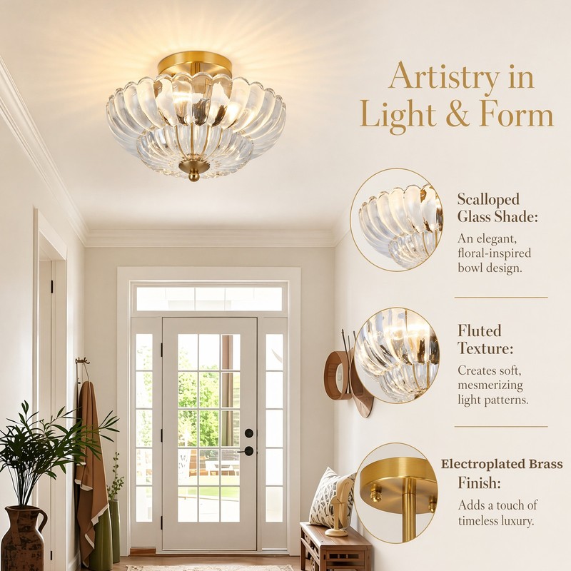 12" Close to Ceiling Light Semi Flush Mount Clear Flower Glass Fixture Bedroom gallery