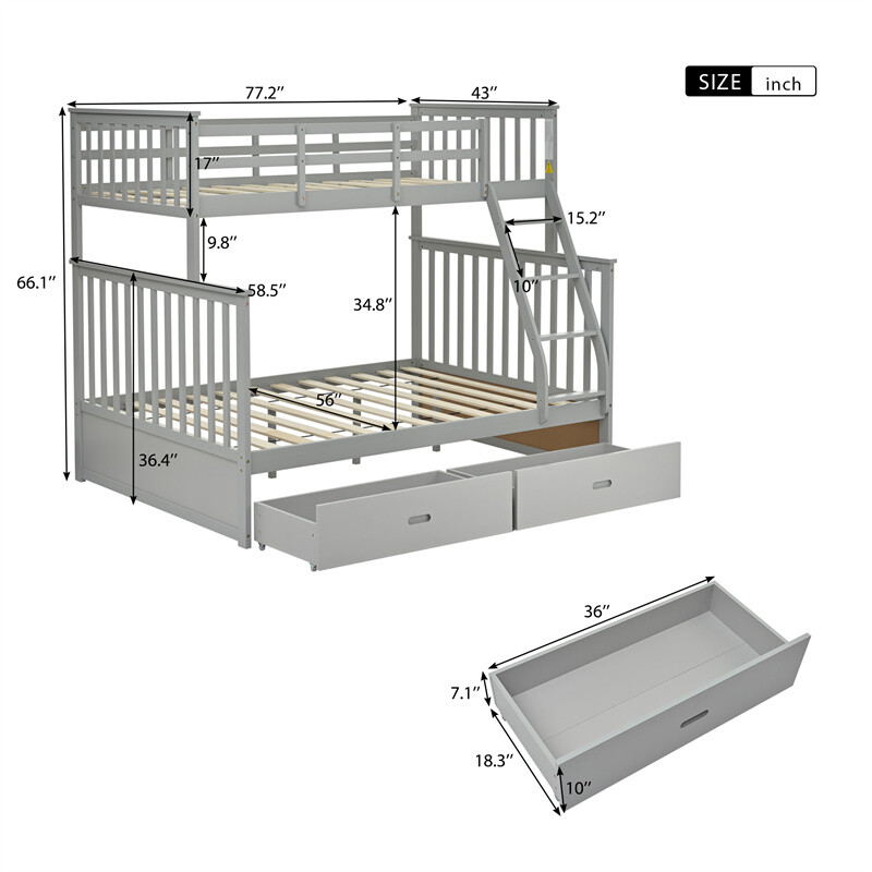 Twin Over Full Size Bunk Bed w/2 Storage Drawers Convertible Platform Bed,Gray gallery