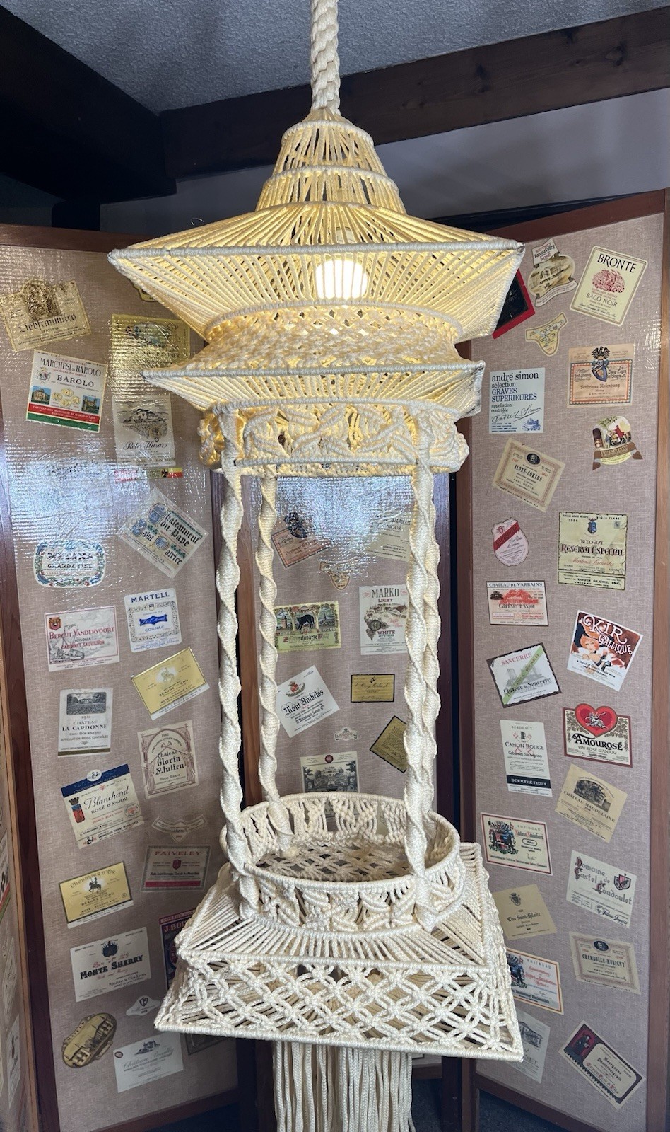 BOHO Macrame Hanging Table Plant Hanger W/ Light 1970s Coastal Beachy gallery