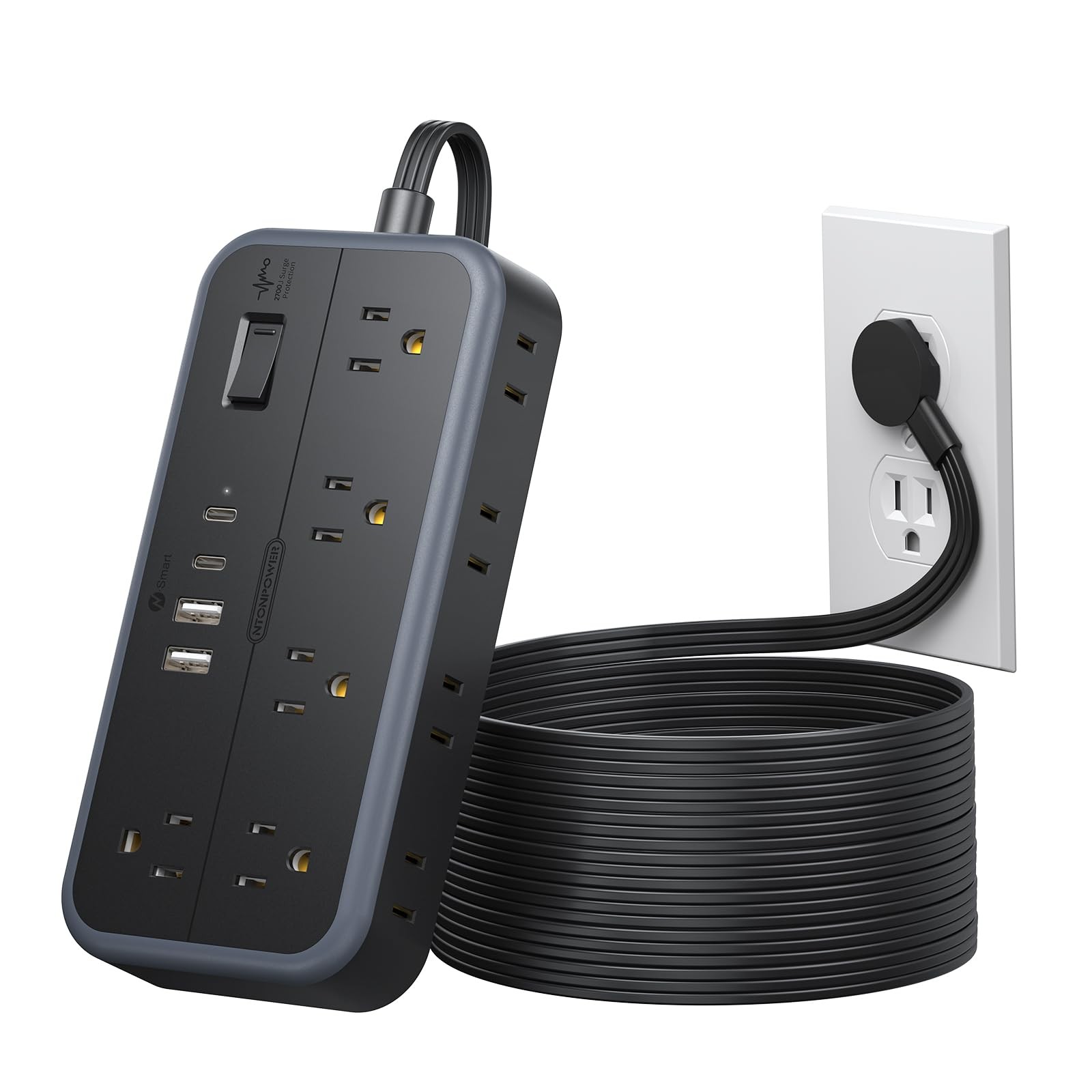 15 Ft Black Surge Protector Power Strip 10 Outlets 4 USB Thin Flat Plug gallery
