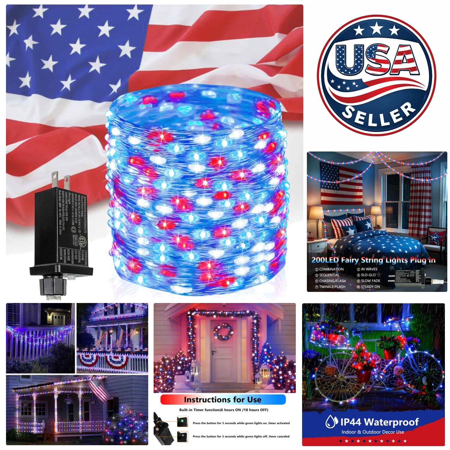 Versatile 200 LED Red White Blue Decorative Lights - Perfect for National Day gallery
