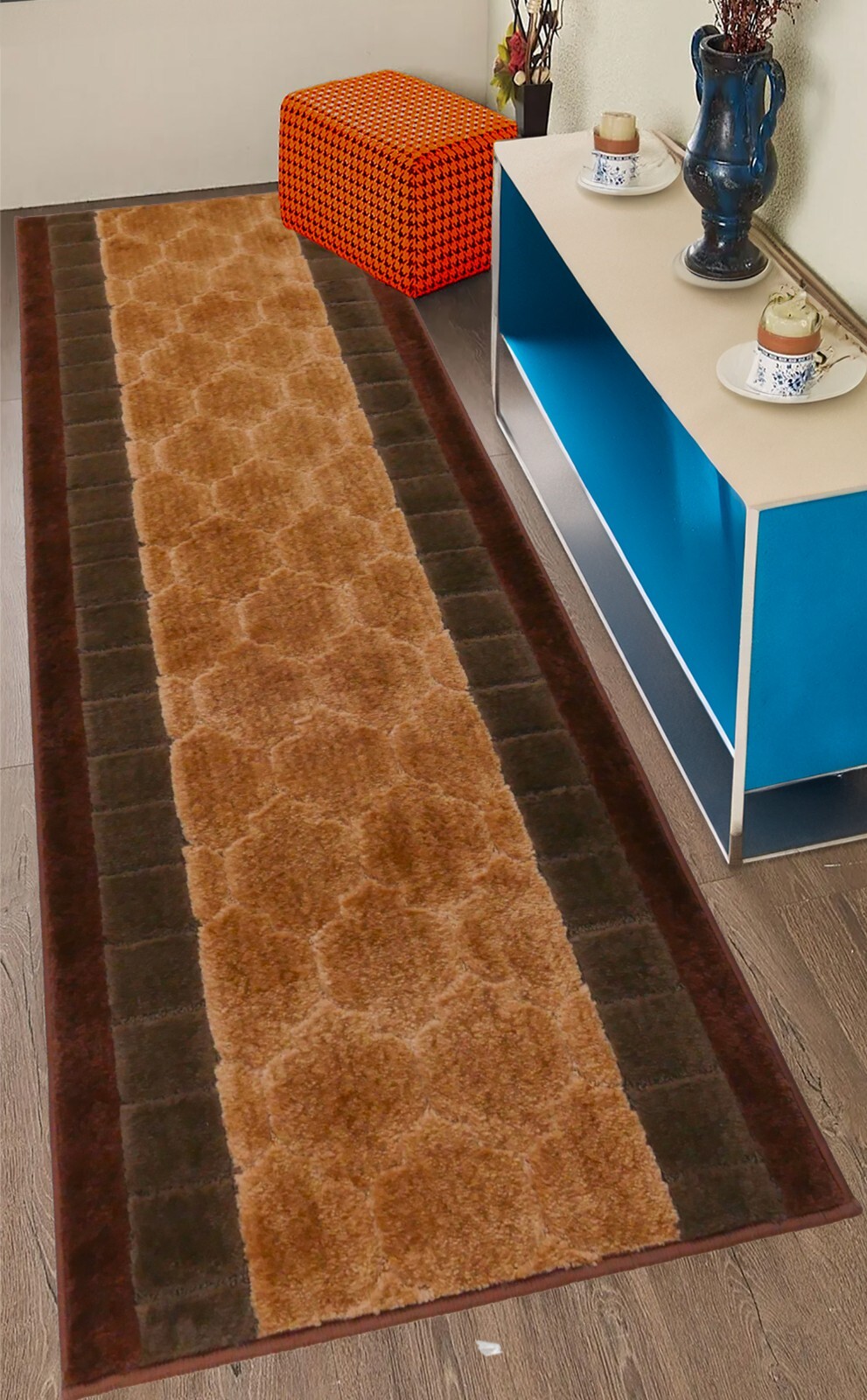 Custom Size Volley Brown Design Washable Non Slip Runner Rug 26"/30" Width gallery