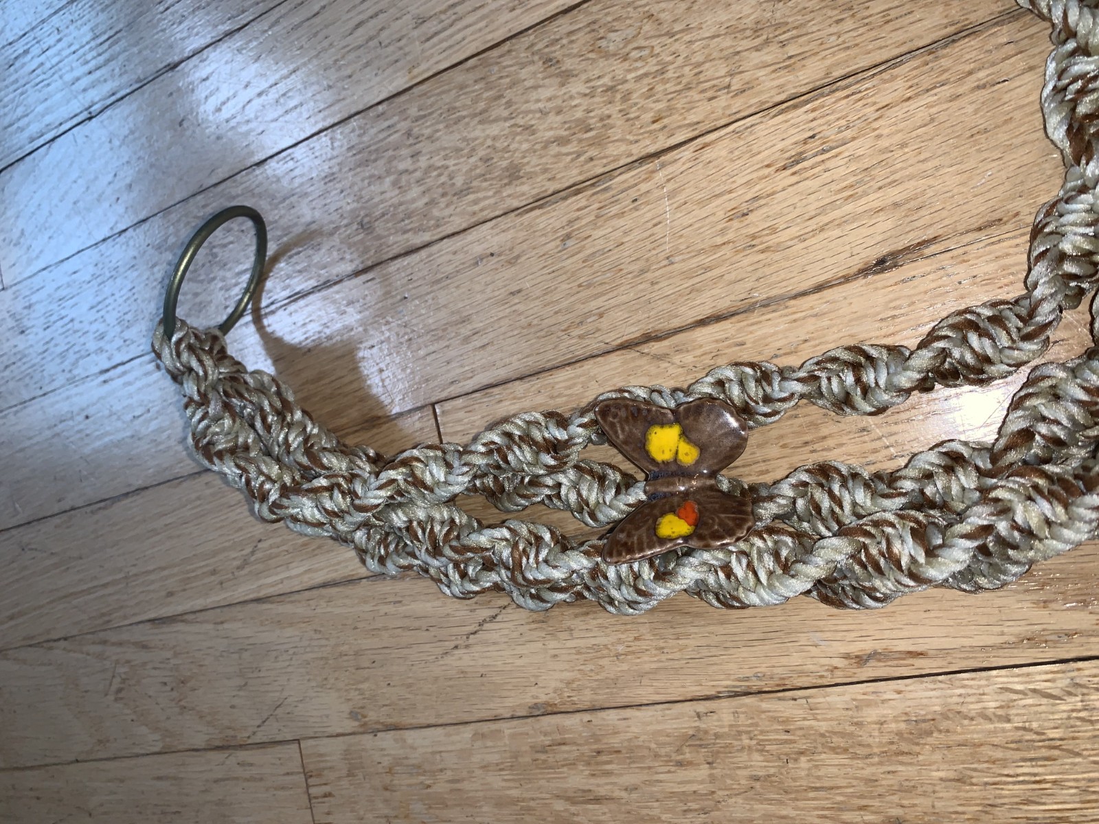 Vintage Brown Macrame Plant Hanger Ceramic Birds Butterfly Boho Retro 70s 64" gallery