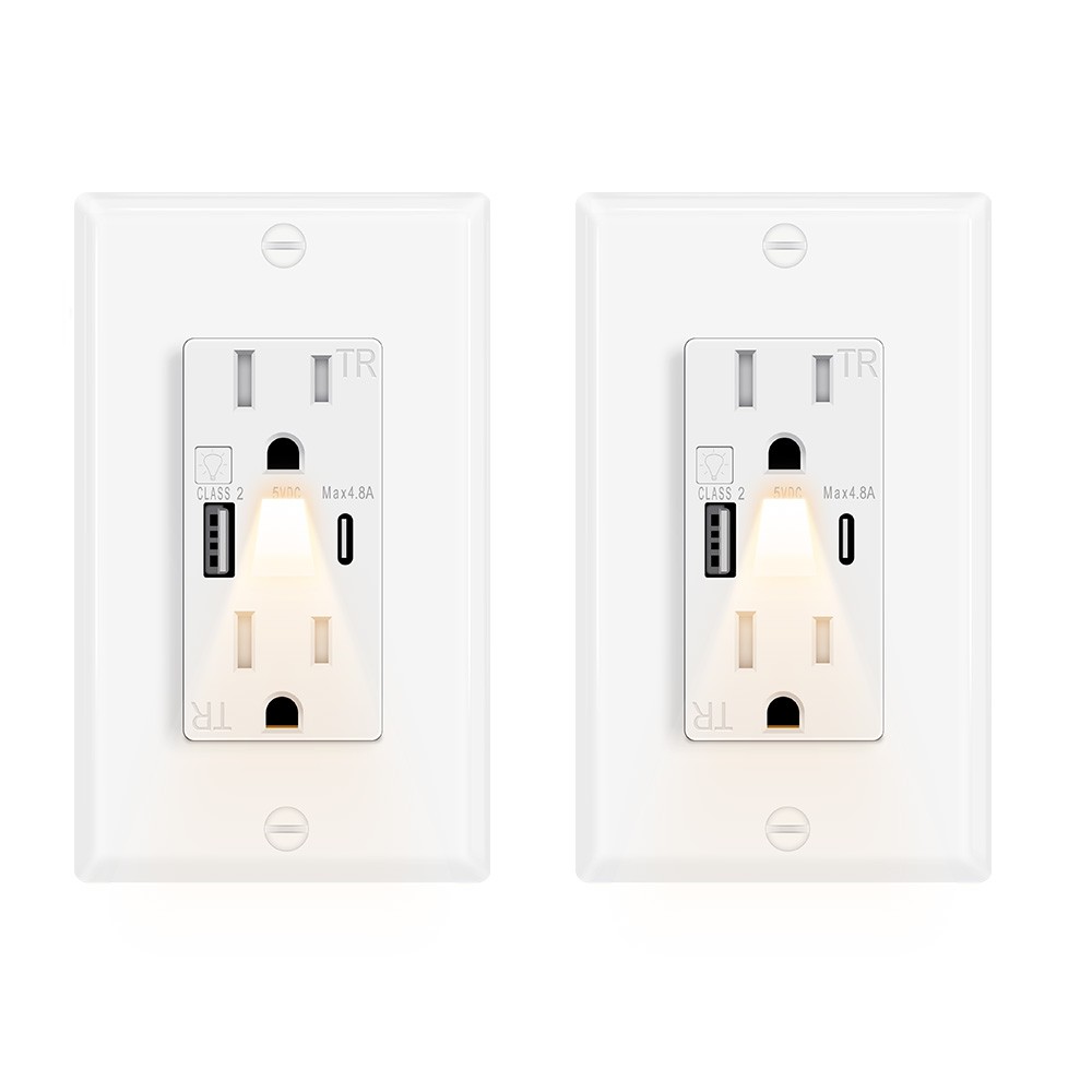 2-Pack LED Night Light Outlets, 24W USB C+A, 4.8A, Fast Charging, On/Off Switch gallery
