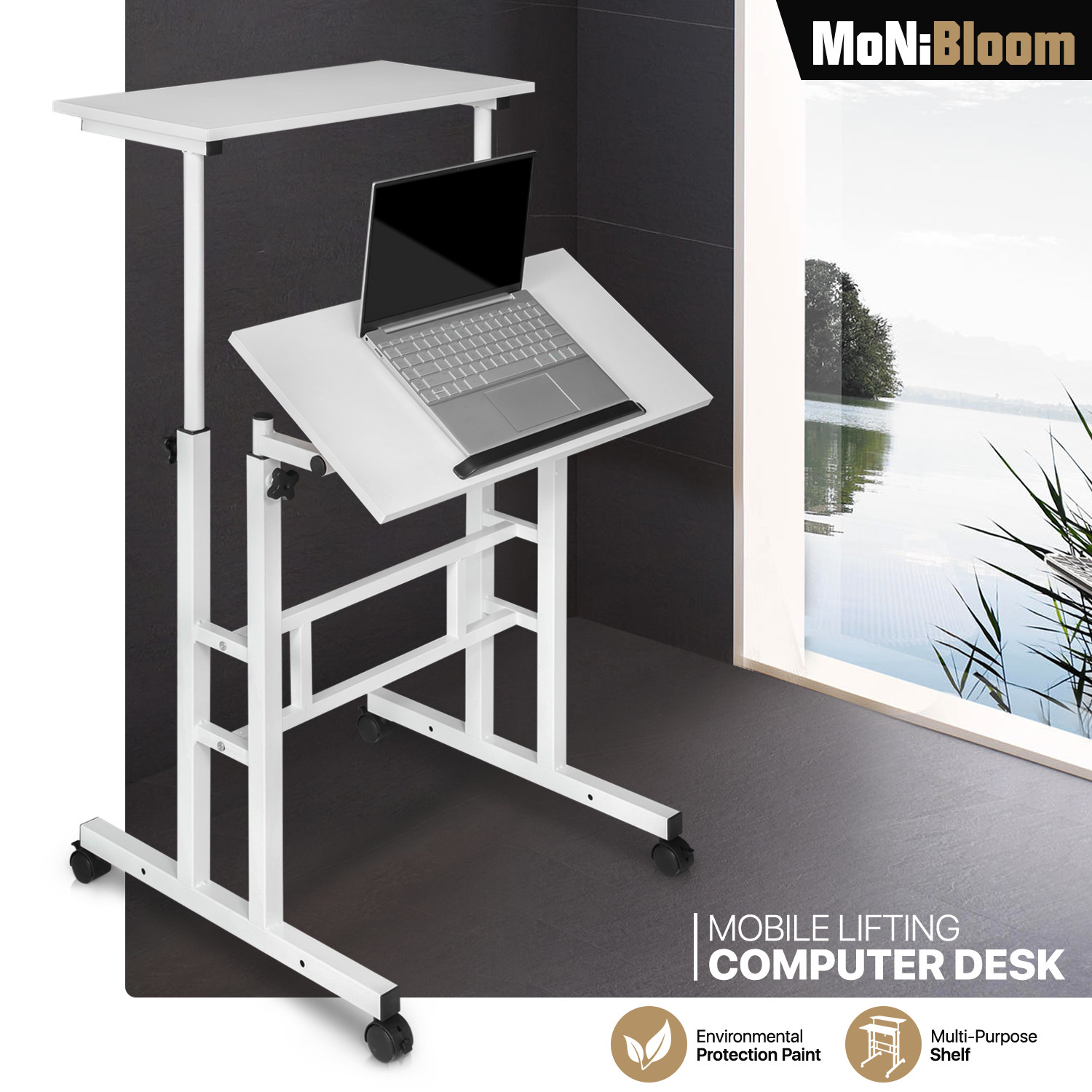 Rolling Laptop Desk Adjustable Height Computer Table Stand up Office Workstation gallery