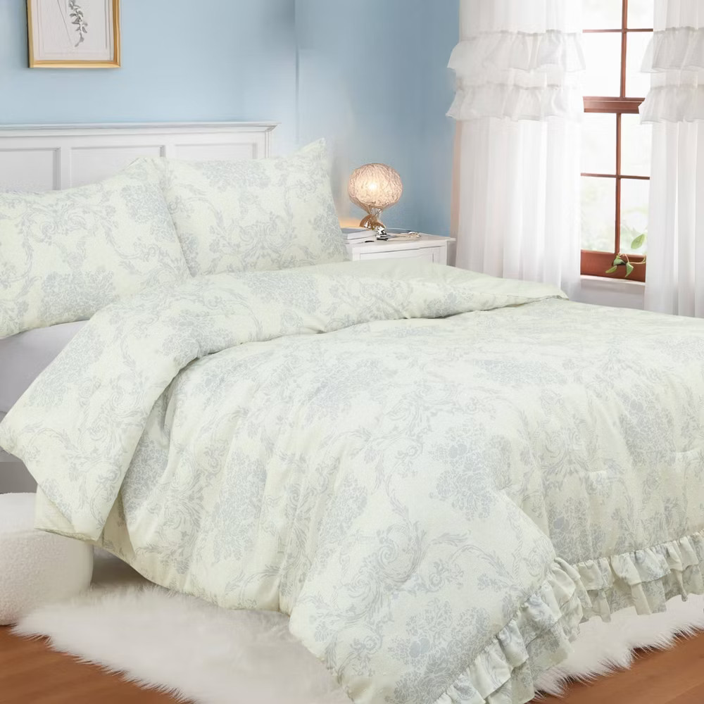 Full/Queen Ruffle Comforter Set Blue Floral gallery