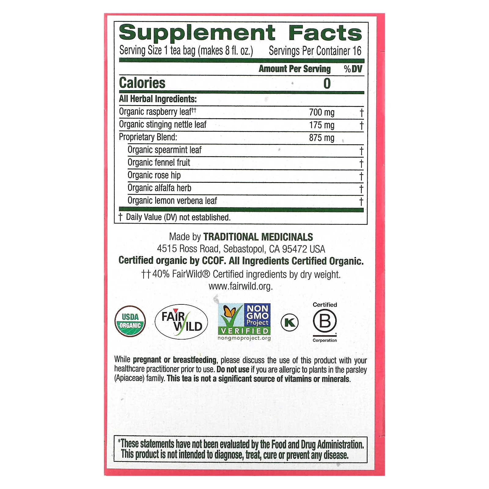 Organic Pregnancy Tea, Raspberry Leaf, Caffeine Free, 16 Wrapped Tea Bags, 0.99 gallery