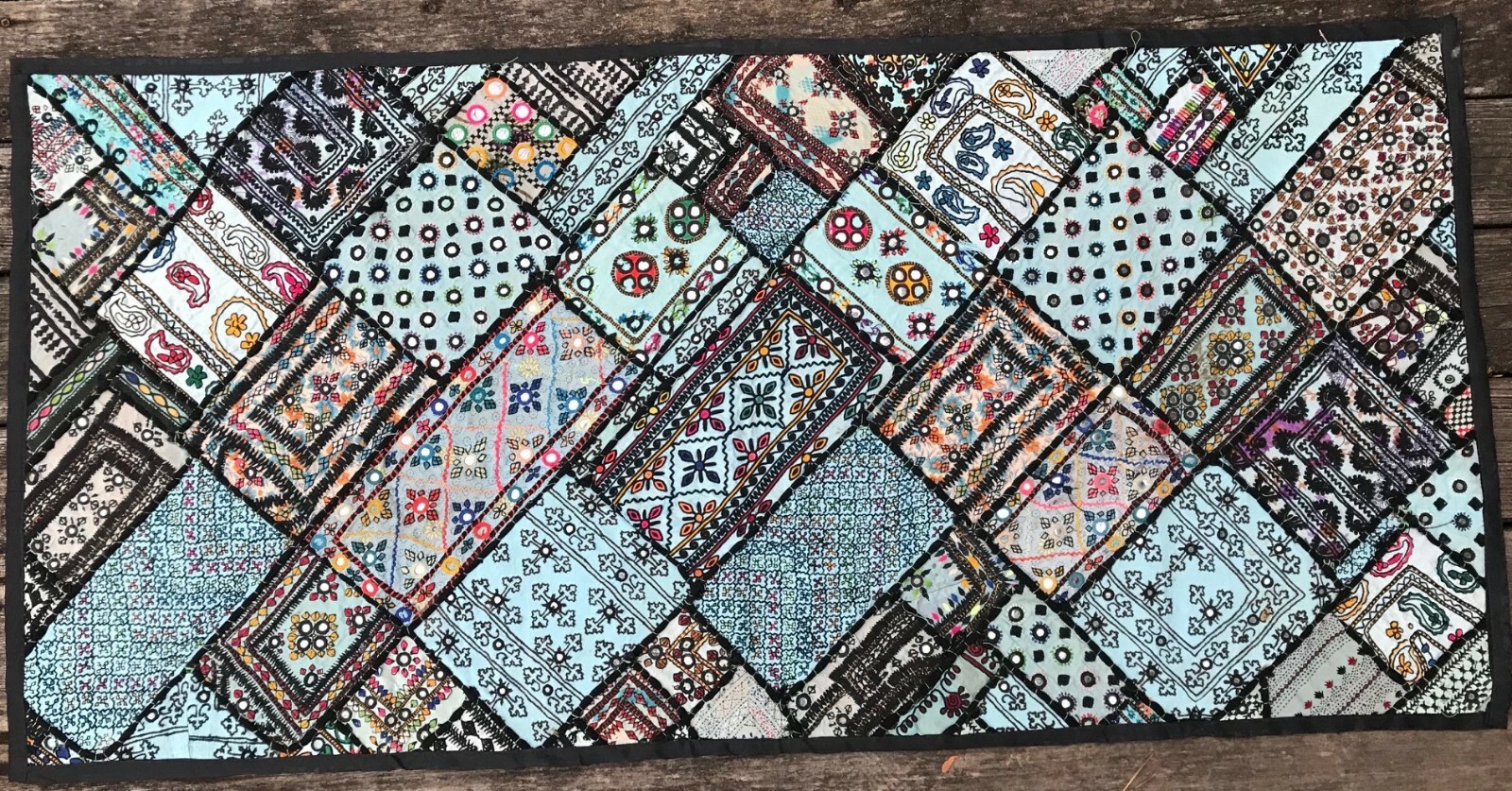 Blue patchwork mirror wall tapestry sindhi india pakistan 26"x54" gallery