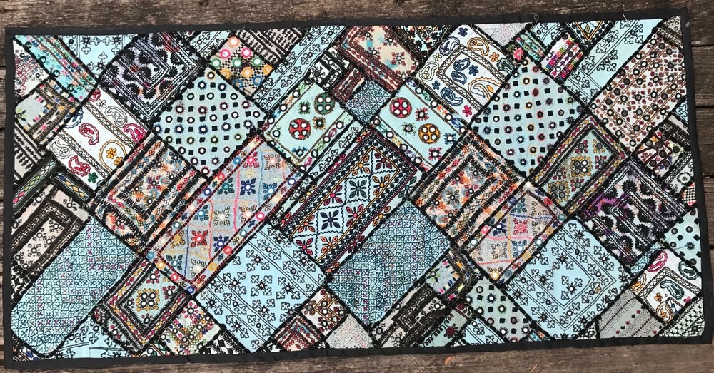 Blue patchwork mirror wall tapestry sindhi india pakistan 26"x54"