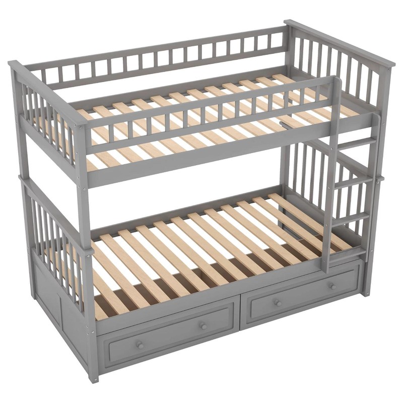 Classic Convertible Twin-Over-Twin Solid Wood Bunk Bed 2 Storage Drawers Ladder gallery