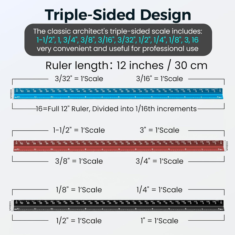 2 Pcs Architectural Scale Ruler 12 Inch, Aluminum Architect Ruler & Metal Ruler gallery