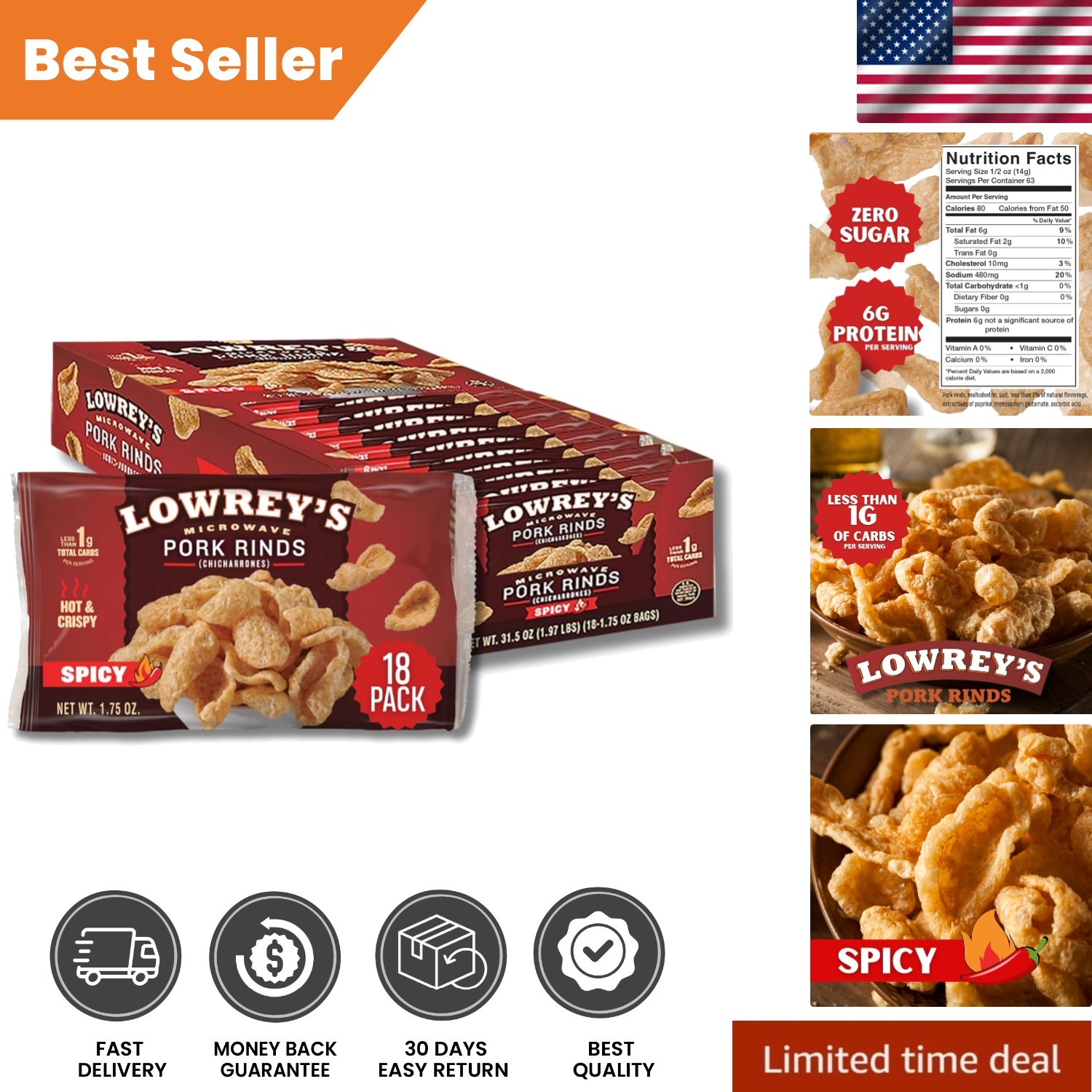 Low-Carb Hot & Spicy Pork Rinds - Crispy Chicharrones, 1.75oz, 18 Packs gallery