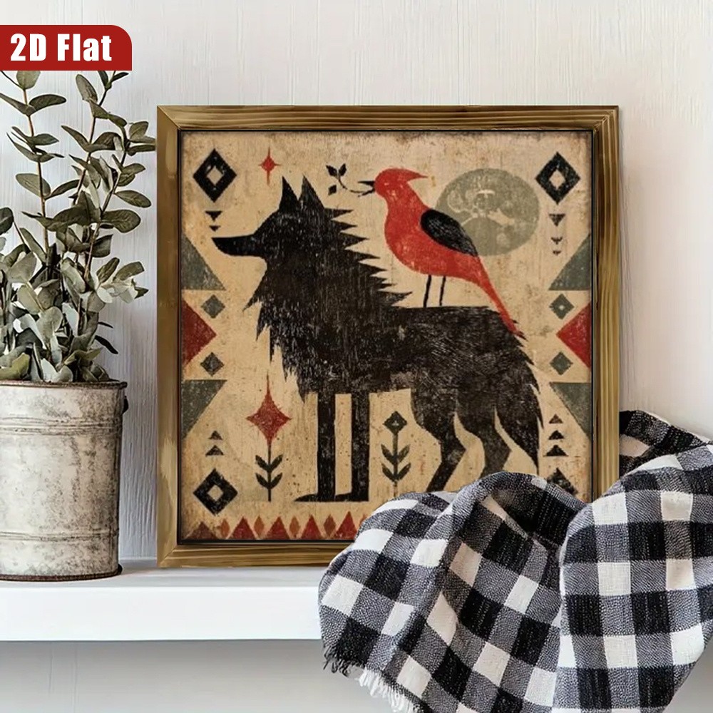 Rustic Western Tribal Black Wolf Red Bird Print Wooden Sign Entryway For Home gallery