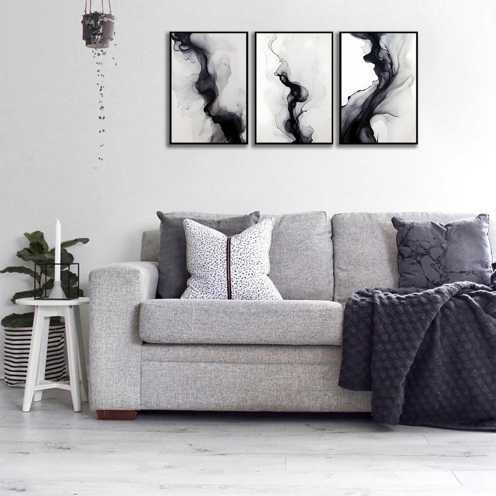 3 Pcs Black And White Simple Abstract Canvas Wall Art Black and gray Minimali... gallery