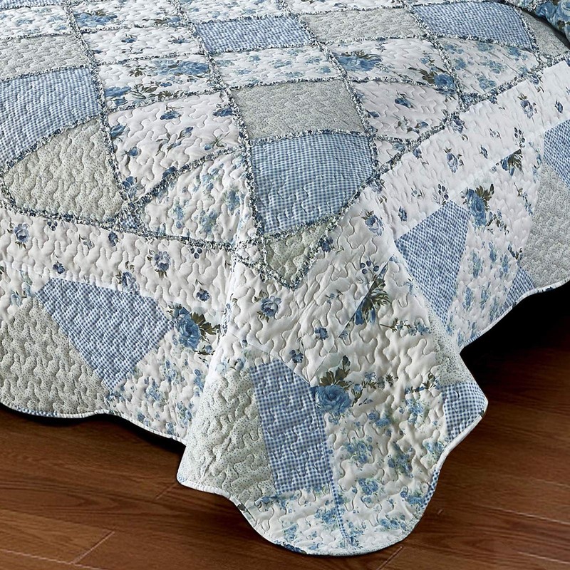 Blue Floral Patchwork Quilt Set, Full Queen Size, 3 Piece Bedding Set with 2 ... gallery