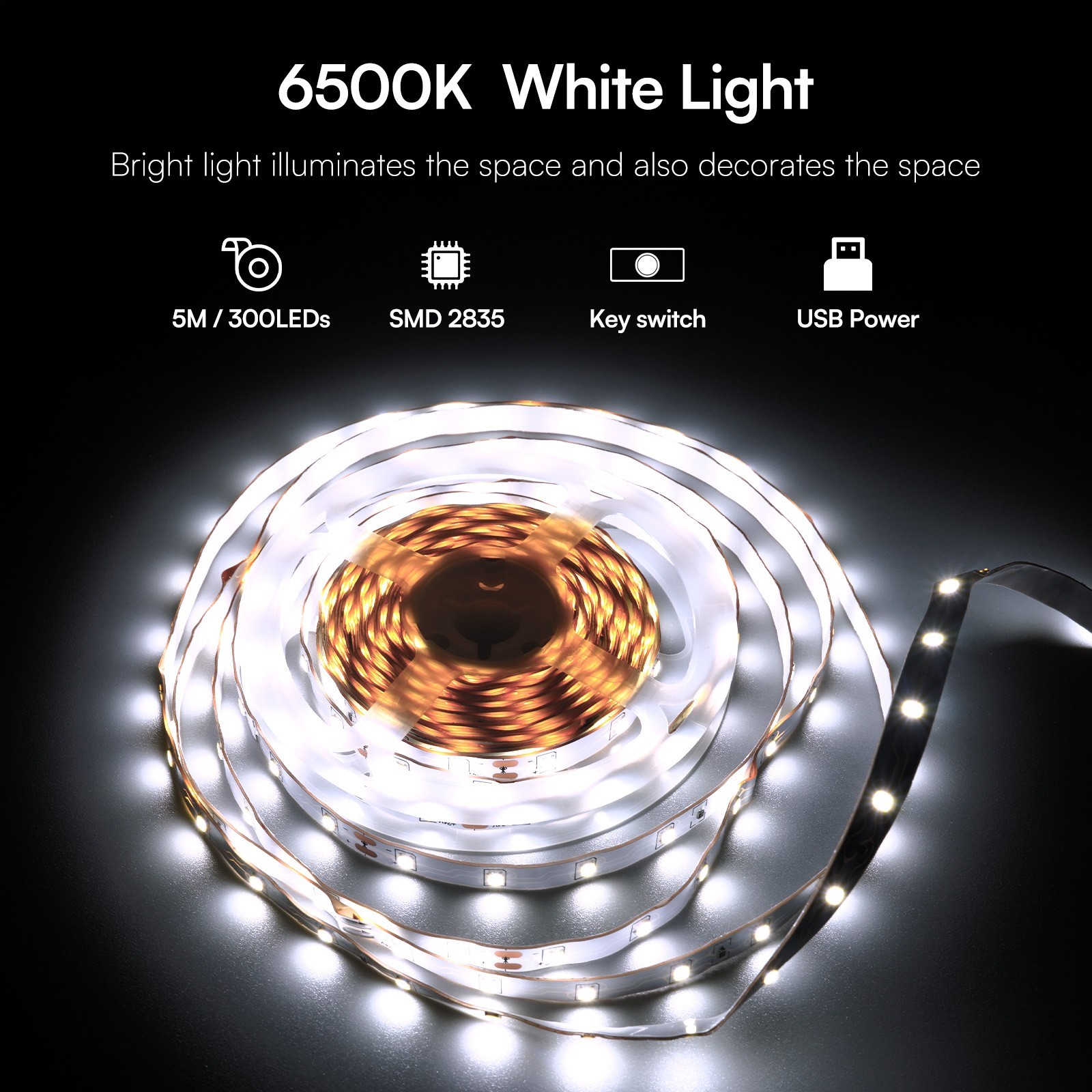 LED Light Strip 5V Cool White USB Power Supply with Built-in Switch Button gallery